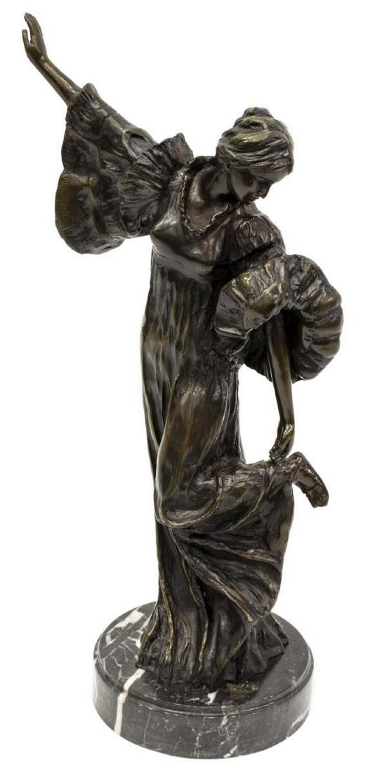 DANSEUSE AU COTHURNE BRONZE AFTER AGATHON LEONARD: Patinated bronze figure, "Danseuse Au Cothurne," signed in cast after Agathon Leonard (France, 1841-1923), on marble plinth base, approx 18"h, 6.25"diam, 12.5lbs Start Price: $100.00