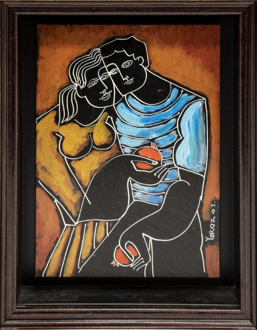 YURI YUROZ (B.1956) MODERNIST PAINTING OF A COUPLE: Framed oil painting on board, 2007, Man and Woman in an Embrace, signed and dated lower right: Yuroz (Yuri Yuroz, Armenia/ United States, b. 1956), approx sight: 7"h, 5"w, overall: 13"h, 11"w, 2.5lbs 