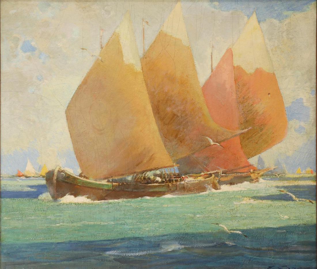 ETTORE CASER (1880-1944) 'VENETIAN BOATS' PAINTING: Framed oil on board painting, "Venetian Boats," signed lower right E. Caser (Ettore Caser, New York, 1880-1944), titled verso, craquelure, board: approx 33"h, 35"w, overall: approx 39.25"h, 41.25"w, 1