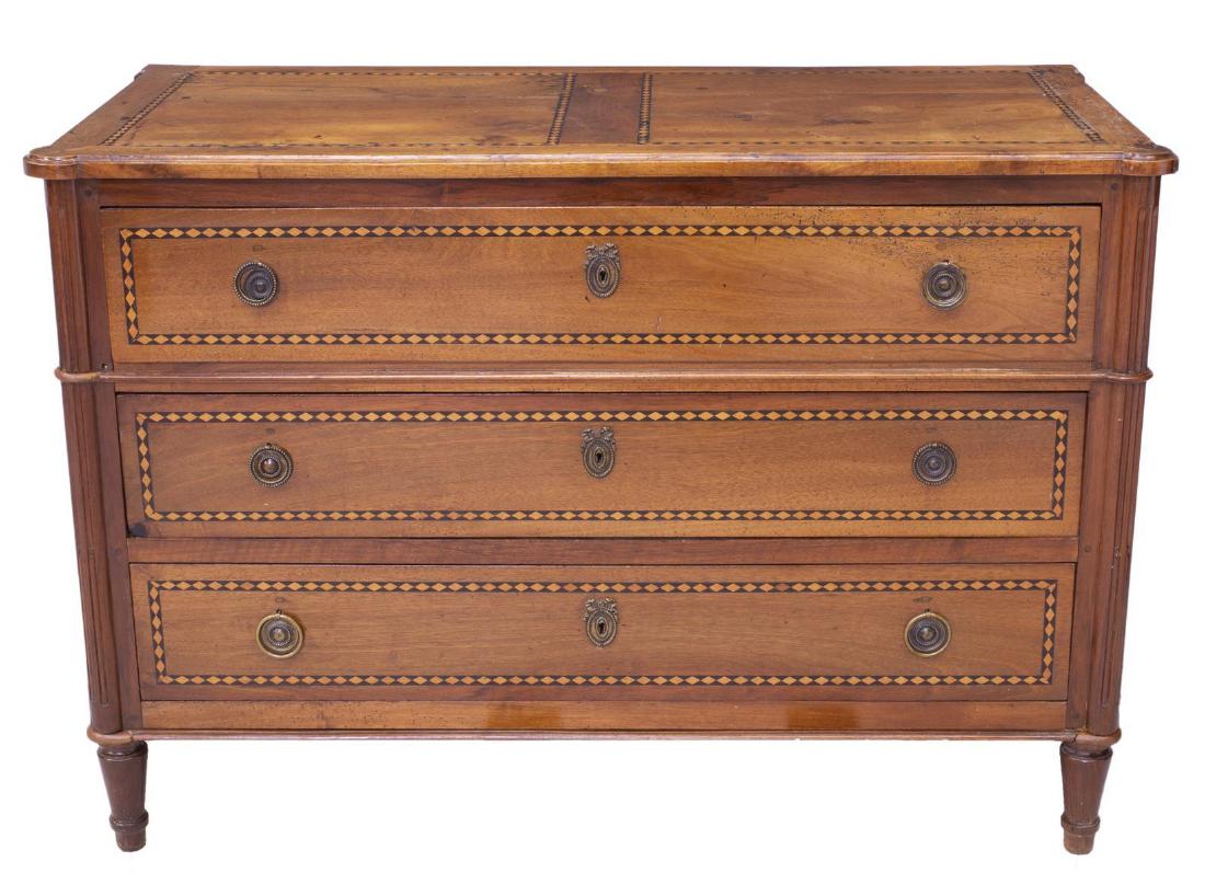 FRENCH LOUIS XVI PERIOD PARQUETRY COMMODE, 18TH C.: French Louis XVI period commode, late 18th c., the top and drawers inlaid with running parquetry, three drawers flanked by ribbed half columns, rising on tapered turned legs, approx 34.5"h, 50.75"w, 2