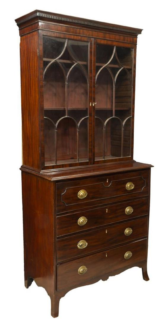 HEPPLEWHITE STYLE GLAZED SECRETARY BOOKCASE: Hepplewhite style secretary bookcase, 19th c., having a protruding cornice over dentil molding, two multi-pane glazed drawers opening to adjustable height shelves, the work surface over a drop front o