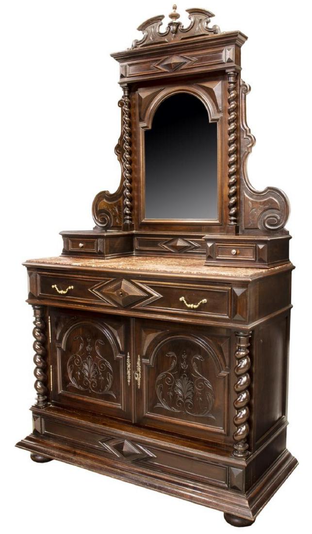 FRENCH HENRI II STYLE MIRRORED DRESSING TABLE: French Henri II style dressing table, 19th c., accented by scrollwork, foliate and geometric motifs, having a carved cornice with finial at center, atop a beveled plate mirror, two drawers resting on 