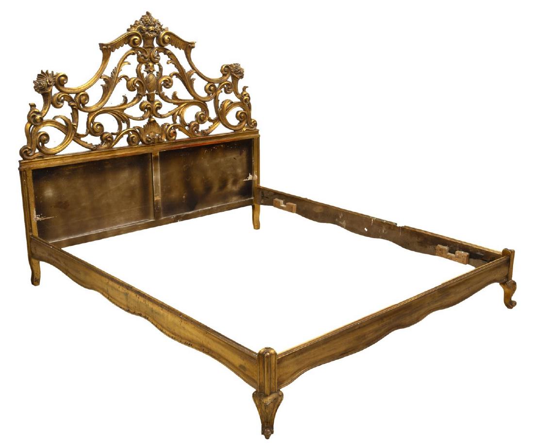 VENETIAN GILTWOOD BED: Venetian giltwood bed, 20th c., having elaborate shaping to headboard, including scrollwork, foliate and floral elements, exterior: approx 61.25"h, 72.5"w, 82.25"d; interior: approx 68"w, 77.75"d Star