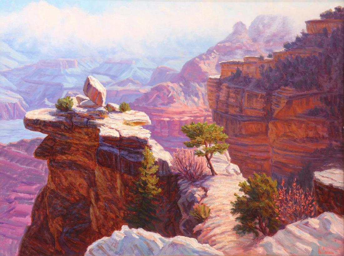MICHAEL L. COLEMAN (B.1941) GRAND CANYON PAINTING: Framed oil on canvas painting, "Along the Rim, Grand Canyon," signed lower right M.L. Coleman (Michael L. Coleman, Arizona, Montana, b.1941), dated 1999 and titled verso, canvas: approx 30"h, 40"w, ov