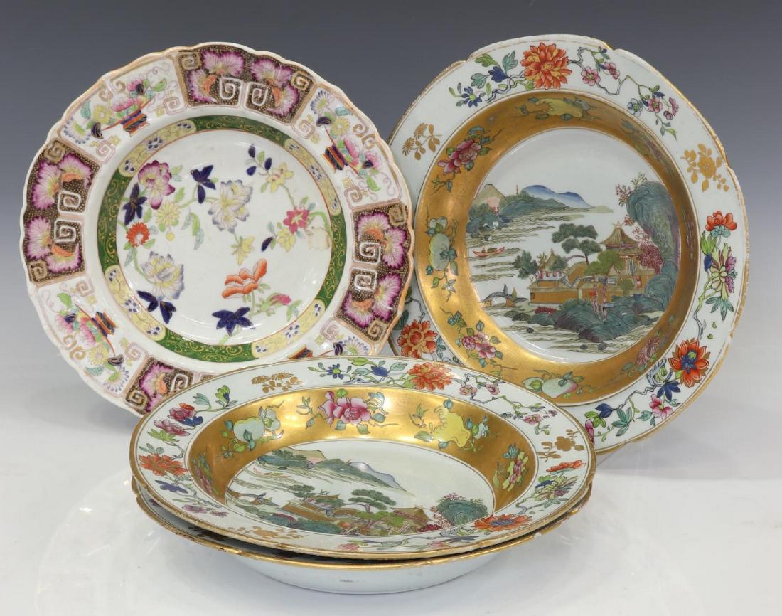 (4) COLLECTION OF MASON'S PATENT IRONSTONE CHINA: (lot of 4) Collection of Mason's Patent Ironstone China, early 19th c., including: (1) parcel gilt shallow bowl, with floral motifs, chip to rim, 9"diam; (3) heavily gilded soup bowls, with landscape 