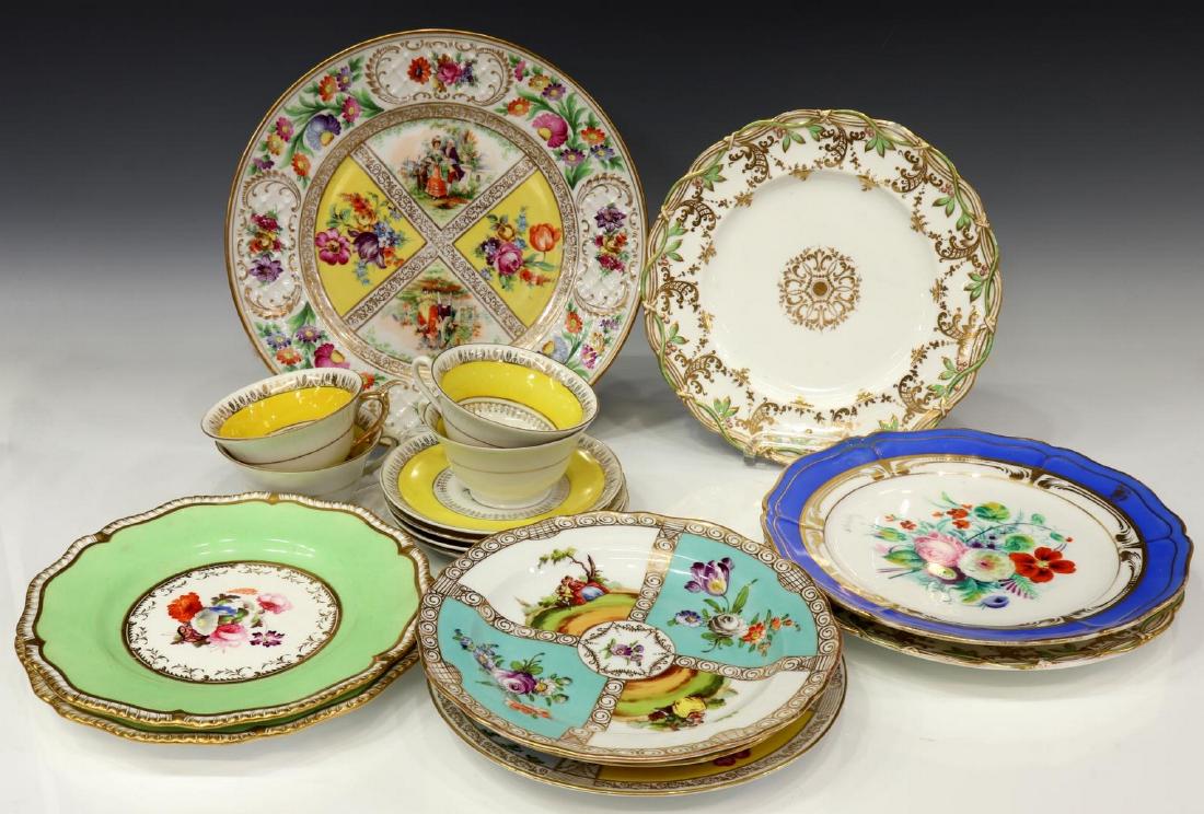 (17) COLLECTION OF PORCELAIN TABLEWARE ITEMS: (lot of 17) Collection of porcelain tableware, various patterns and makers, highlights include: (2) Schumann Bavaria plates, showing alternating figural scene with flowers, (2) Meissen plates, one sho