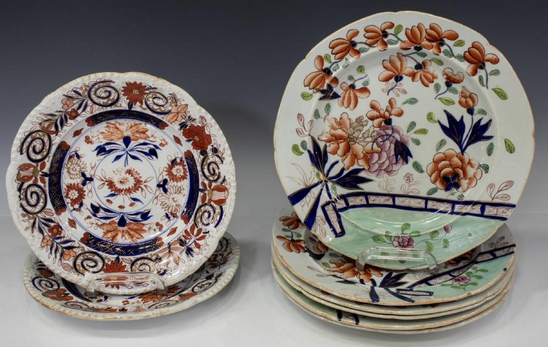 (8) COLLECTION OF MASON'S PATENT IRONSTONE CHINA: (lot of 8) Collection of Mason's Patent Ironstone China, two partial sets, both in Imari palette, with parcel gilt accents and foliate motifs, (2) salad plates, 19th c., 8.5"diam; (6) dinner plates, c