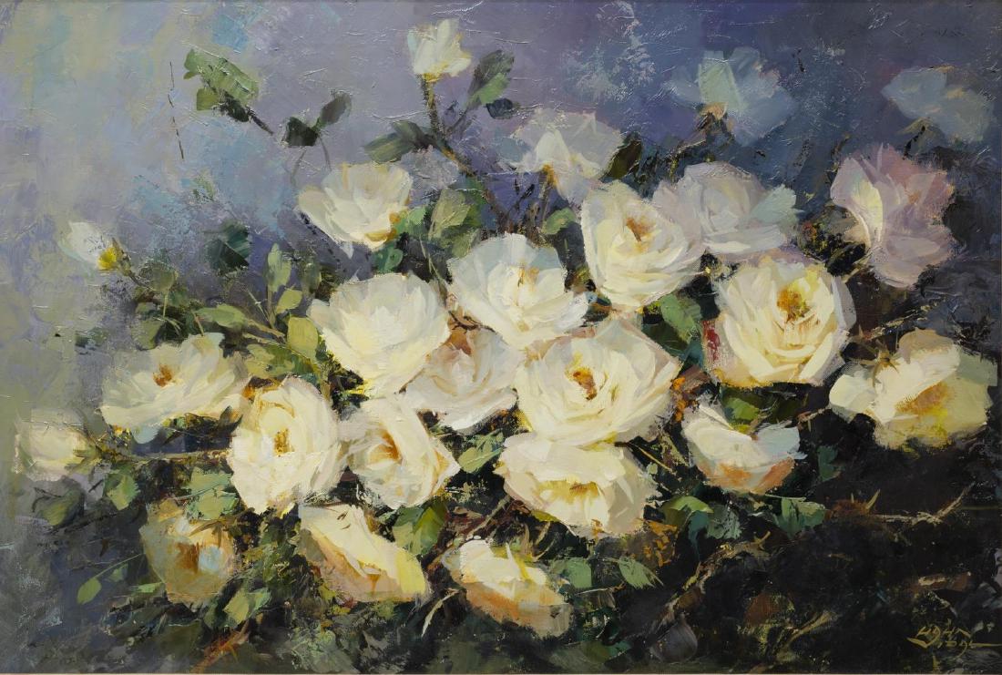 MARGARITA HAHN VIDAL (B.1919) ROSES PAINTING: Framed oil painting on canvas, "Roses Before the Rain," signed lower right Hahn Vidal (Margarita Hahn Vidal, United States, b.1919), titled and dated 1968 on the reverse, sight: approx 20"h, 30.5"w, o