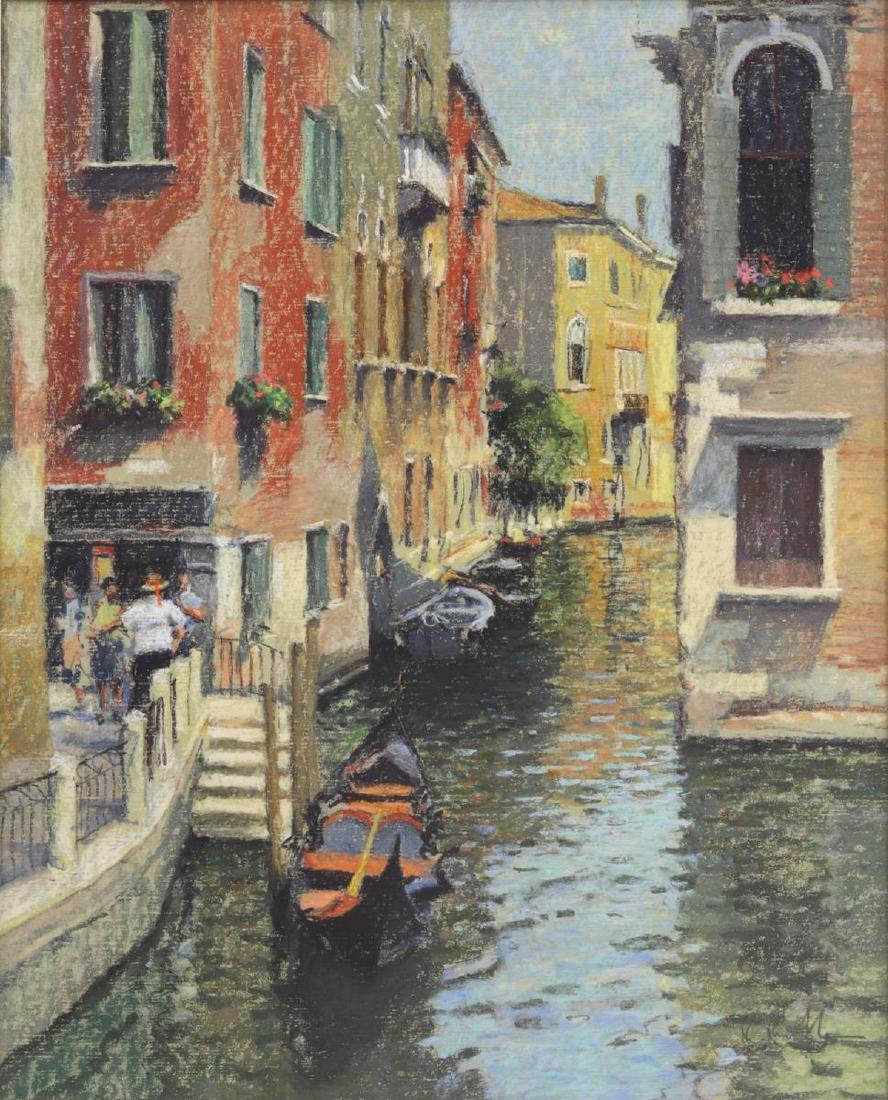 ROBERT RICHARDSON (B.1938) GONDOLIER PASTEL: Framed pastel drawing on paper, "Gondolier for Hire," signed lower right R. Richardson (Robert "Bob" Richardson, United Kingdom, b.1938), label with title verso, sight: approx 19.5"h, 15.5"w, overall: