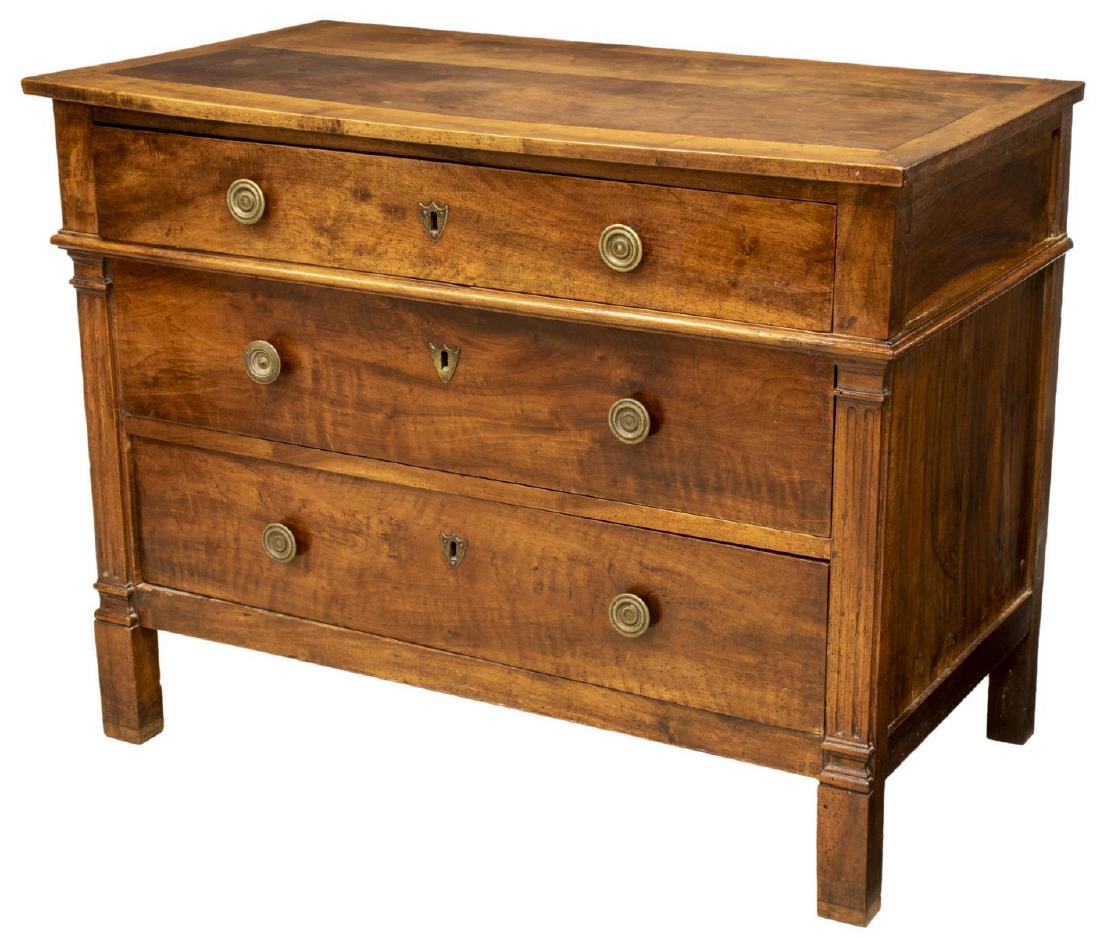 FRENCH LOUIS XVI STYLE WALNUT COMMODE, 19TH C.: French Louis XVI style walnut commode, 19th c., the rectangular top over three drawers, rising on fluted square legs, approx 33"h, 43"w, 24"d Start Price: $600.00