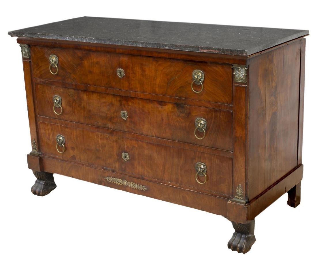 FRENCH EMPIRE STYLE MARBLE-TOP MAHOGANY COMMODE: French Empire style commode, mid to late 19th c., having marble top, over mahogany case, fitted with three drawers, with lion's mask ring pulls, flanked by columnar corner posts, rising on front paw f