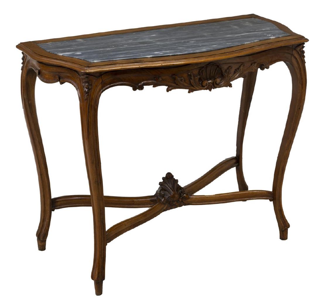 ITALIAN LOUIS XV STYLE MIRRORED CONSOLE TABLE: Italian Louis XV style mirrored walnut console table, the carved shell and foliate crest over a beveled mirror plate, having an inset shaped marble top rising on cabriole legs joined by a cross stretc