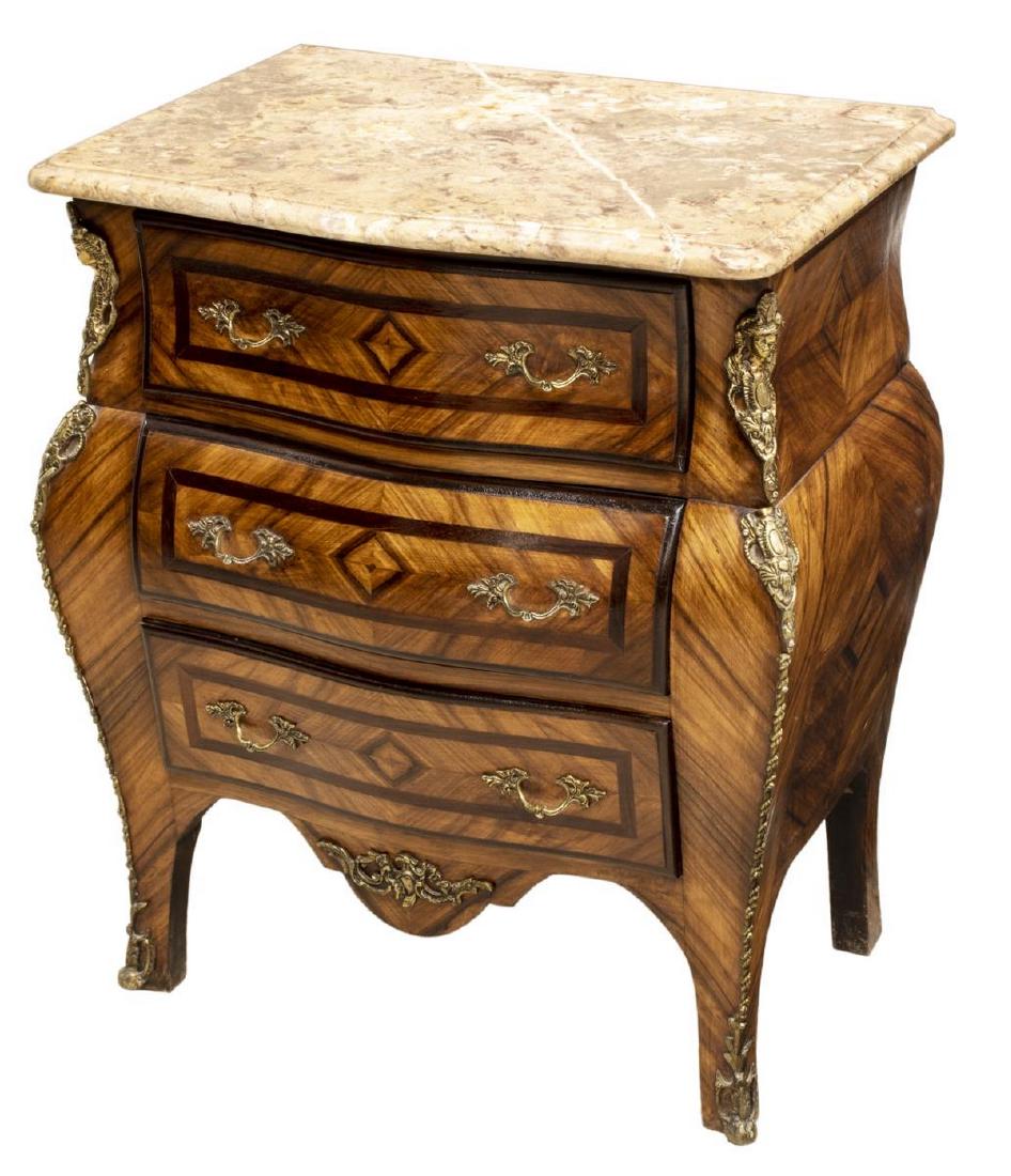 PETITE FRENCH LOUIS XV STYLE MARBLE-TOP COMMODE: French Louis XV style commode, 20th c., shaped marble top, over bombe case, in diamond-matched rosewood veneers, fitted with three drawers, rising on French bracket feet, ending in gilt metal sabots, 