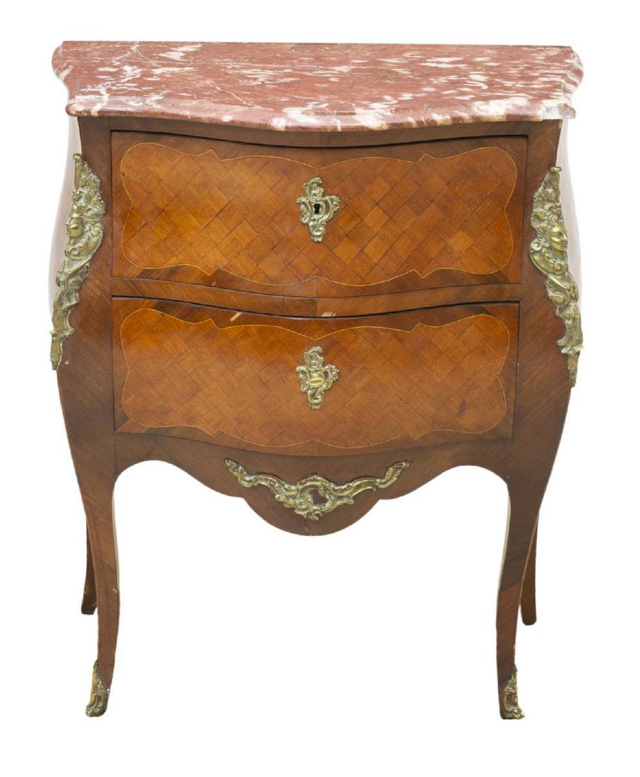 FRENCH LOUIS XV STYLE MARBLE-TOP PARQUETRY COMMODE: French Louis XV style commode, 20th c., having marble top, over case with diamond parquetry, fitted with two drawers, gilt metal figural mounts at corner posts, scalloped apron, rising on French brack