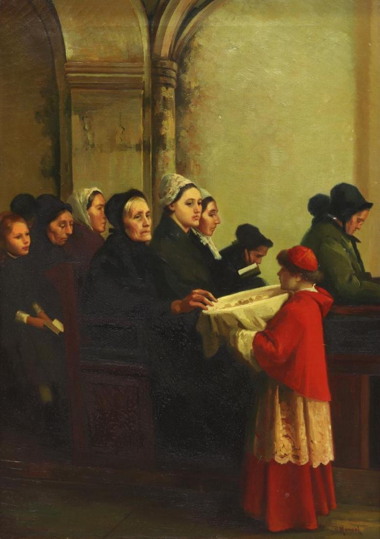 DANIEL HENSEL (19TH/20TH C) RELIGIOUS OIL PAINTING: Framed oil on canvas painting, Religious Mass, signed lower right D. Hensel (Daniel Hensel, United States, 19th/ 20th c.), sight: approx 27.5"h, 19.5"w, overall: approx 33"h, 25"w, 6lbs Start Price: $