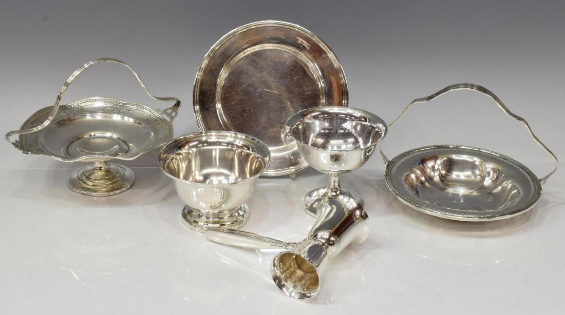 (6) COLLECTION SMALL STERLING SILVER TABLE ITEMS: (lot of 6) Sterling silver group, various makers, styles and designs, including: (2) small handled dishes, (1) small plate, (1) small cup, (1) small footed bowl, (1) dual sided jigger, handle marked s