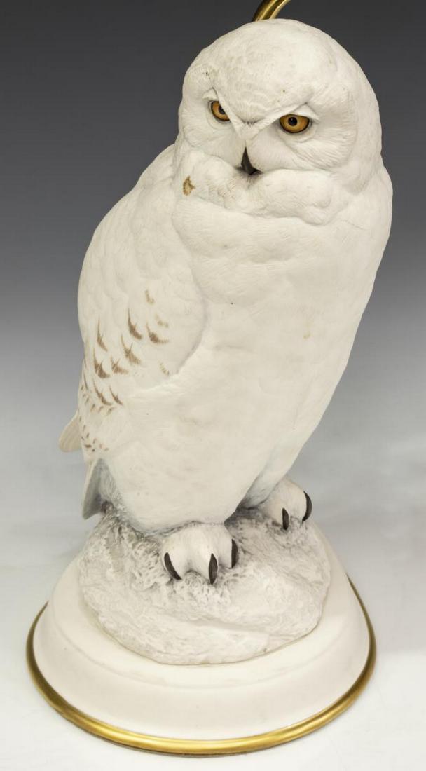 RAYMOND WATSON SNOWY OWL BISQUE TABLE LAMP: Sculpture, "Snowy Owl", by Raymond Watson for Franklin Mint, 1987, now fashioned as a single-light table lamp, marked underfoot, lacking finial, in need of wiring, approx 24.5"h, 12.75"w, 5lbs Start P