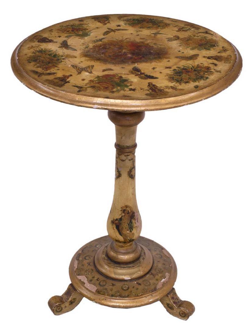 VICTORIAN PAINTED SIDE TABLE, FIGURES & BUTTERFLYS: Victorian side table, c. 1900, painted with figures, floral and butterflys, the circular top set on a turned pedestal with tripod base, paint loss, 30.25"h, 21.75" diameter **Provenance: From the Esta