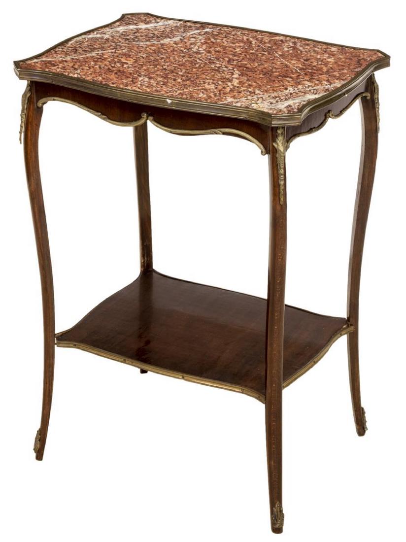 FRENCH LOUIS XV STYLE MARBLE-TOP SIDE TABLE: French Louis XV style marble top two-tier side table, 20thc., having lower wood shelf, joined to four slim legs, with metal trim and foliate mounts, marble intact with fracture at one corner, approx 2