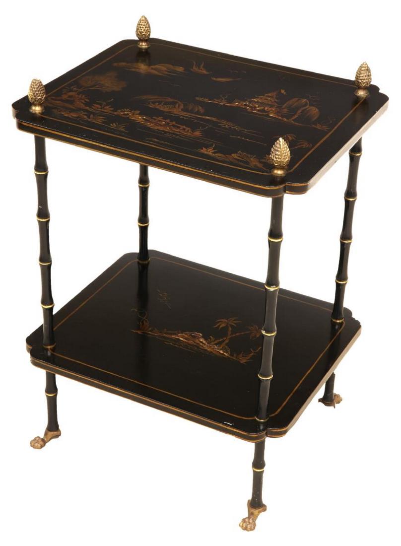 ITALIAN CHINOISERIE TWO TIER SIDE TABLE: Italian Chinoiserie side table, 20th c., having gilt landscape scenes on the two tiers joined by faux bamboo supports on protruding metal paw feet, 24.5"h, 17.75"w, 15"w **Provenance: From the Estate 