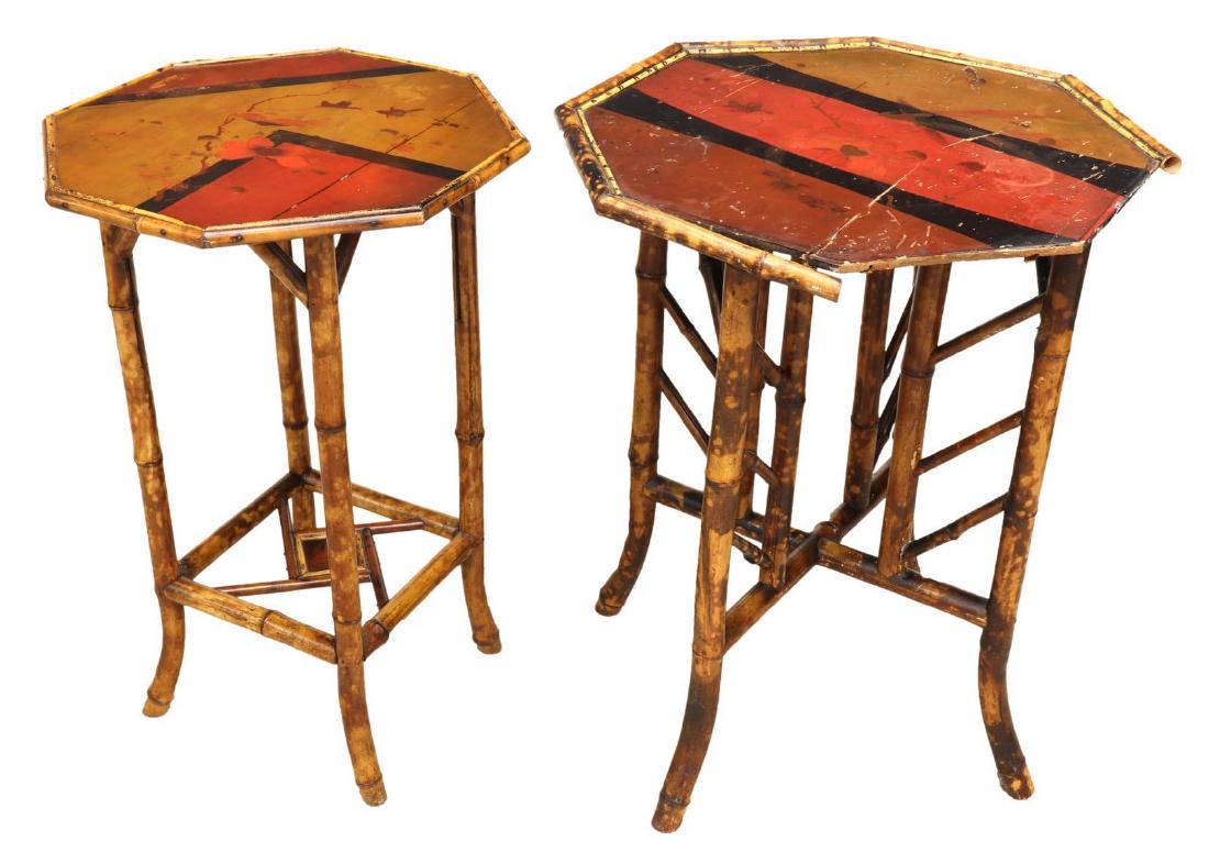 (2) VICTORIAN PAINTED BAMBOO SIDE TABLES: (lot of 2) Victorian bamboo side tables, octagonal tops painted with birds, on varied bases, the larger with split and loss to trim and top, as is, approx 28.5"h, 22"w, 22.75"d **Provenance: From the
