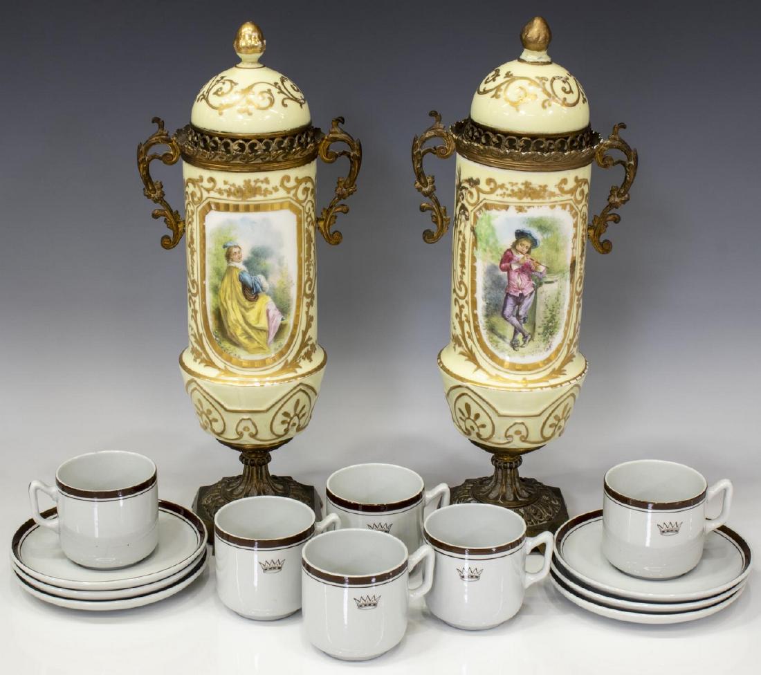 (14) SEVRES STYLE POTPOURRI URNS & SPODE DEMITASSE: (lot of 14) Collection of ceramic cabinet and tableware, including: (pair) Sevres style porcelain potpourri urns, with hand-painted figural and floral reserves, in gilt metal mounts, spurious Sevres m