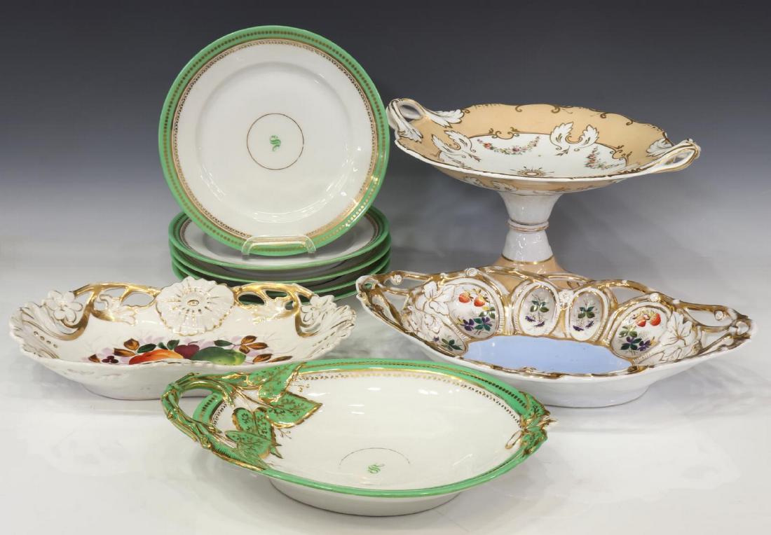 (9) ANTIQUE PARCEL GILT PORCELAIN TABLEWARE ITEMS: (lot of 9) English and Continental porcelain tableware items, comprising: (5) dinner plates with (1) matching handled serving platter, having green rim with gilt dot pattern, (1) cake stand, showing f