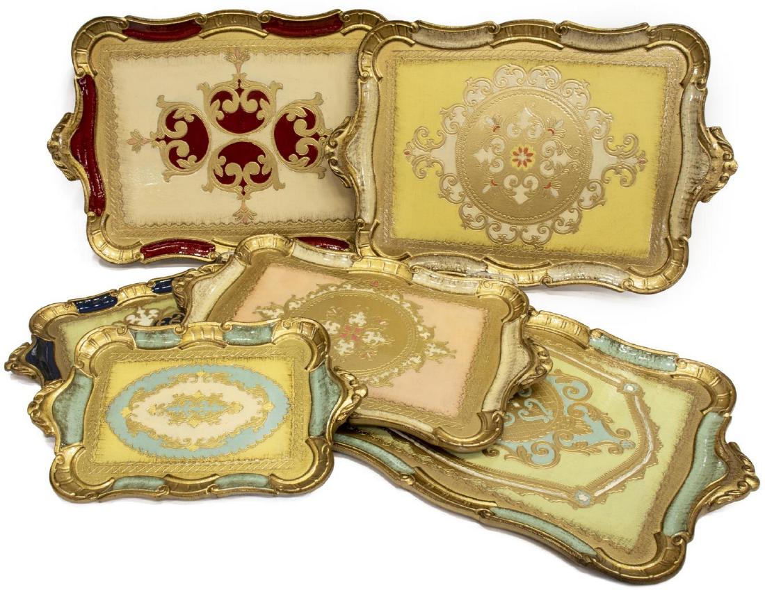 6) ITALIAN FLORENTINE GILT & COLORED SERVICE TRAYS: (lot of 6) Italian Florentine service trays, late 20thc., varied size and shape, all with gilding and colored accents, largest: approx 21.25"l, 14"w; 6.25lbs total **Provenance: From the Estate of Hue