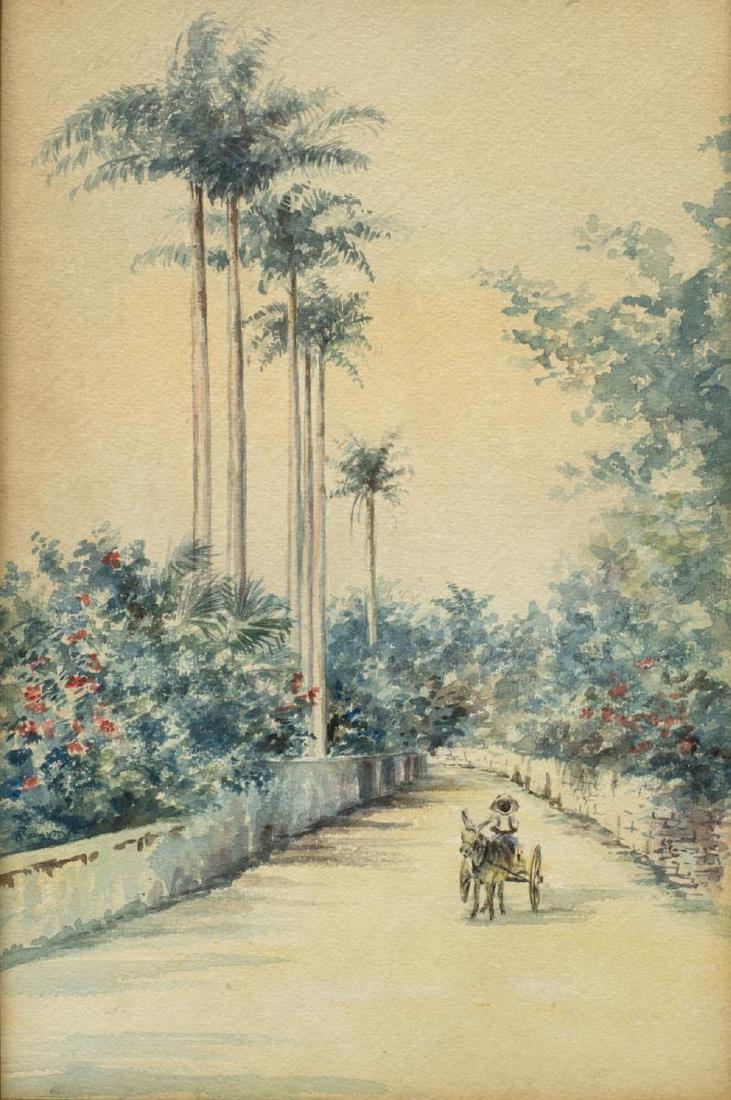 HARTWELL LEON WOODCOCK (ATTRIB.) BAHAMAS PAINTING: Framed watercolor painting on paper, Bahamas Street Scene, unsigned, attributed to Hartwell Leon Woodcock (Maine, 1853-1929), mounted to board and mat, sight: approx 8.75"h, 13.75"w, overall: approx 2