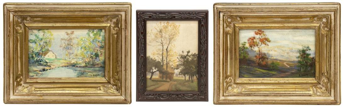 (3) LANDSCAPE PAINTINGS J. DRAPP, THOMAS ALLEN: (lot of 3) Framed paintings, including: (2) oil on board, Seasonal Landscapes, signed lower right J. Drapp (John Drapp United States, 1883-1938), sight: approx 4"h, 6"w, overall: approx 8.25"h, 10.25"