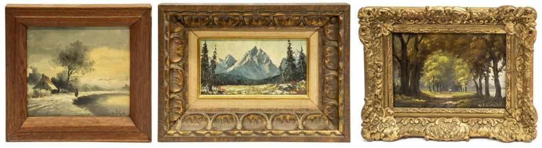(3) CONTINENTAL LANDSCAPE PAINTINGS, SIGNED: (lot of 3) Framed paintings, including: (1) oil on wood panel, Tree-Lined Path, signed lower right H. G[.......] (?), Jacques Kunsthandel gallery label verso, sight: 4.75"h, 6.75"w, overall: 8.25"h, 1