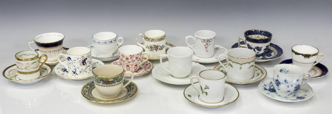(LOT) COLLECTION OF PORCELAIN CUPS & SAUCERS: (lot) Collection of (14) porcelain tea cups with (14) matching saucers, various patterns and makers, highlights include Richard Ginori, Royal Worcester, Coalport, Royal Crown Derby, an example after F