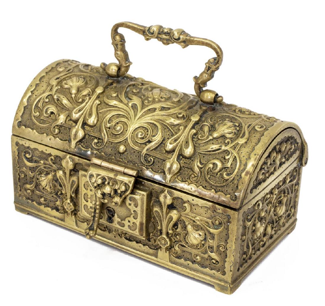 G.G. LEYKAUF ERHARD & SOHNE JUGENDSTIL JEWEL CASK: Art Nouveau gilt cast brass jewelry casket, G.G. Leykauf, Erhard & Sohne, Nuremberg, Germany, early 20thc., domed lid with handle and hinged lockplate, joined to the body completely decorated in relie