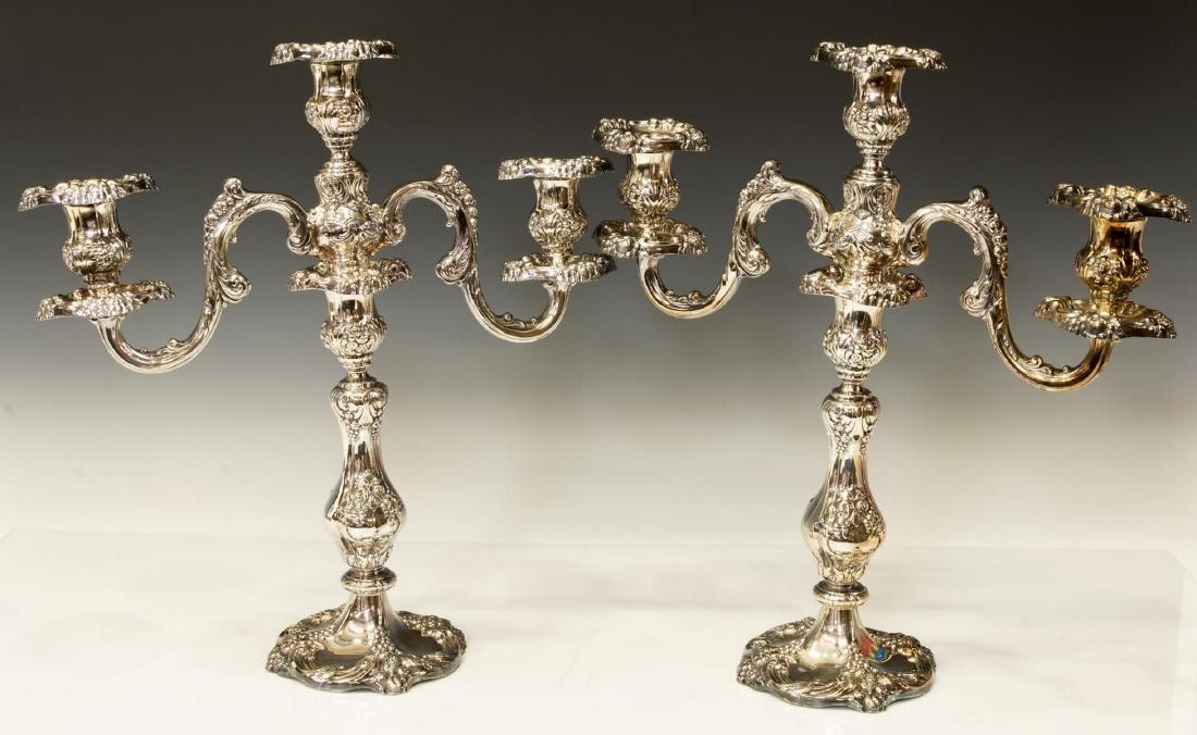 (2) REED & BARTON KING FRANCIS 3-LIGHT CANDELABRA: (pair) Reed & Barton "King Francis" silverplate three-light candelabra, with raised fruit and foliate motif, model 1630, approx 16"h, 15.25"w, 5"d; 10.25lbs total (for shipping purposes only) Start Pr