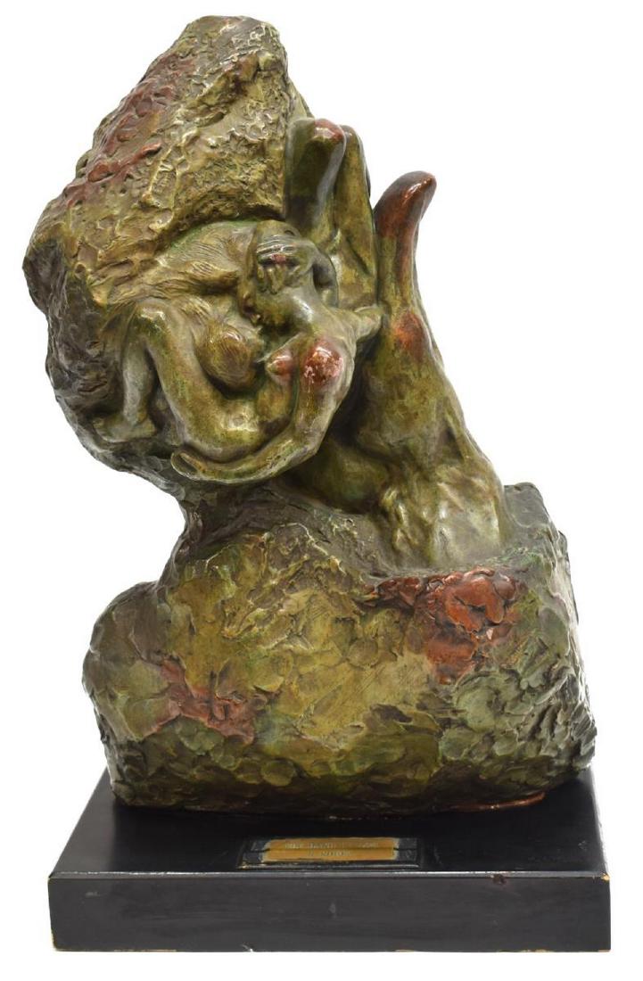 CAST SCULPTURE THE HAND OF GOD AFTER AUGUSTE RODIN: Cast composite sculpture, in a verdigris bronze finish, "The Hand of God," after Auguste Rodin (France, 1840-1917), marked Alva Studios, on black painted wood base, approx 21"h, 12.5"w, 8.5"d, 26.5lbs