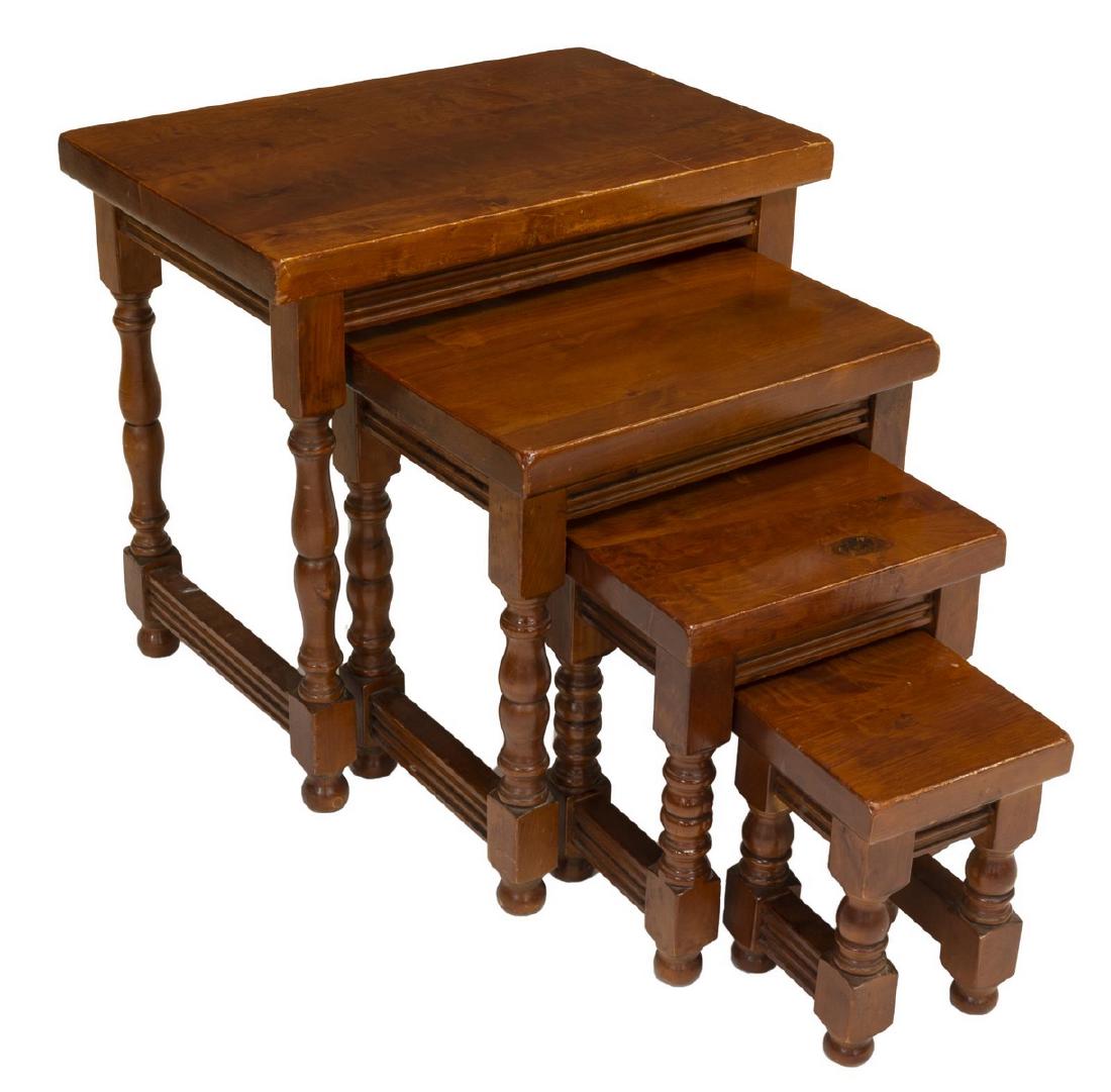 (4) DIMINUTIVE SPANISH NEST OF FOUR TABLES: (set of 4) Nesting tables in a walnut finish, Spain, 20th c., comprised of rectangular top with turned legs on bun feet, largest: approx 21"h, 23.62"w, 14.62"d Start Price: $100.00