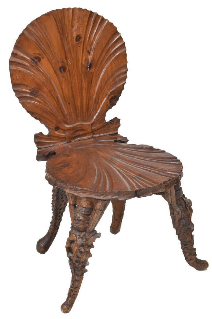 ITALIAN VENETIAN SHELL CARVED GROTTO CHAIR: Italian Venetian grotto chair, 19th c., carved back and seat modeled as open scallop shell, rising on well-carved legs with coral and shell forms, restoration to leg, approx 32.25"h, 22"w, 19.5"d Star
