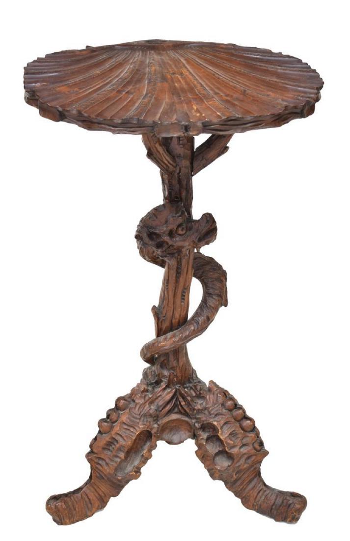 ITALIAN VENETIAN SHELL CARVED GROTTO STAND TABLE: Italian Venetian grotto stand/ table, 19th c., carved tabletop modeled as a scallop shell, naturalistic pedestal base with sea serpent, rising on three well-carved legs with coral and shell forms, app