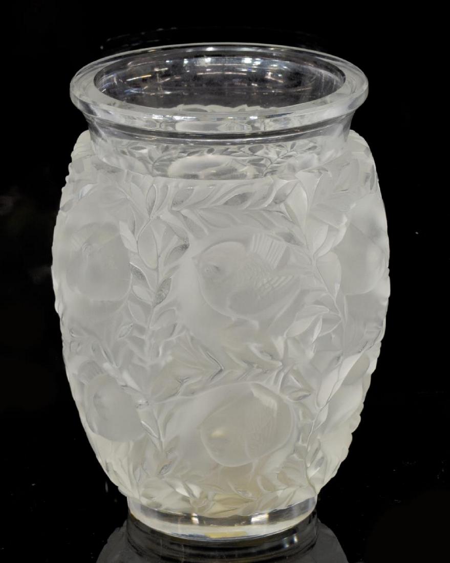 LALIQUE FRANCE 'BAGATELLE' FROSTED CRYSTAL VASE: Lalique France frosted art crystal vase, in the "Bagatelle" pattern, depicting birds and foliates, retaining maker's sticker, retailer's tag Joe Koen & Son's Jewelry and etched signature underfoot, ap
