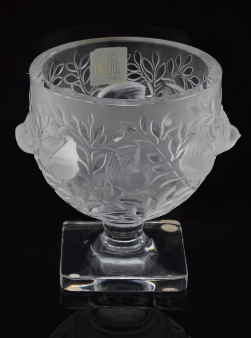 LALIQUE, FRANCE 'ELISABETH' ART CRYSTAL VASE: Lalique, France, "Elisabeth" art crystal vase, the frosted glass bowl decorated with raised birds and foliates wrapping around exterior, rising from a colorless glass standard, resting on square foot,
