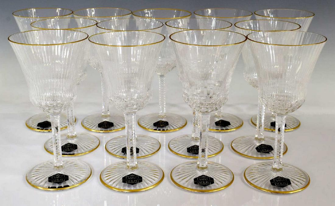 13) ST. LOUIS CRYSTAL "APOLLO GOLD' CLARET GOBLETS: (lot of 13) Saint Louis claret wine glasses, France, "Apollo Gold" patternn, the body and stem with subtle rib design, lip and foot with gold banded highlights, acid etched stamp, "Cristal St. Louis F
