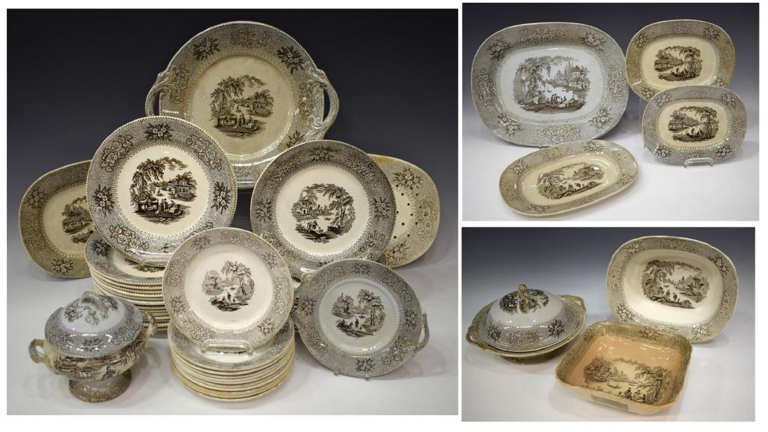 (47) ENGLISH STAFFORDSHIRE TRANSFERWARE SERVICE: (lot of 47) English Staffordshire transferware dinner service,Carr & Sons, 19thc., brown and white transfer decorated in the Gem pattern, including: (14) large dinner plates slightly varied in size, a