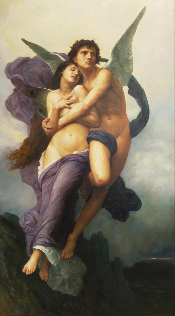 'ABDUCTION OF PSYCHE' PAINTING AFTER BOUGUERAEU: Decorative framed oil on canvas painting, after the original "Abduction of Psyche" by William-Adolphe Bouguereau (France, 1825-1905), facsimile signed lower left, sight: approx 81"h, 44"w, overall: ap