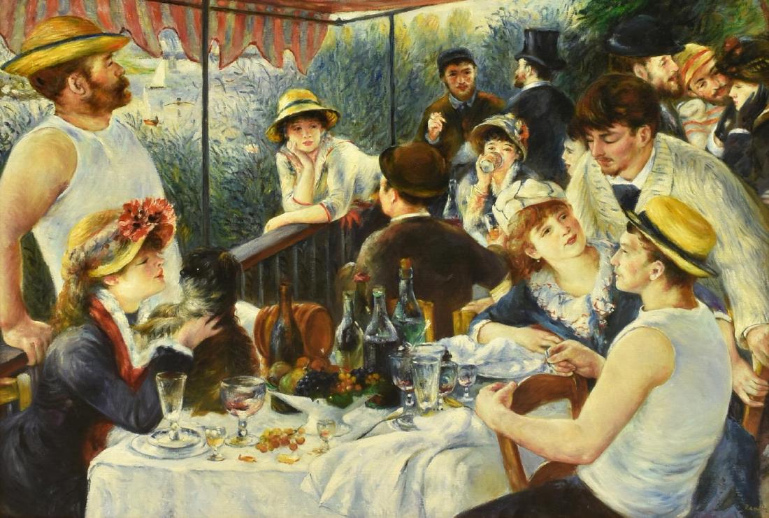 DECORATIVE 'THE LUNCHEON' PAINTING AFTER RENOIR: Decorative framed oil on canvas painting, after the original "The Luncheon of the Boating Party" by Pierre-Auguste Renoir (France, 1841-1919), facsimile signature lower right, featured are friends of 