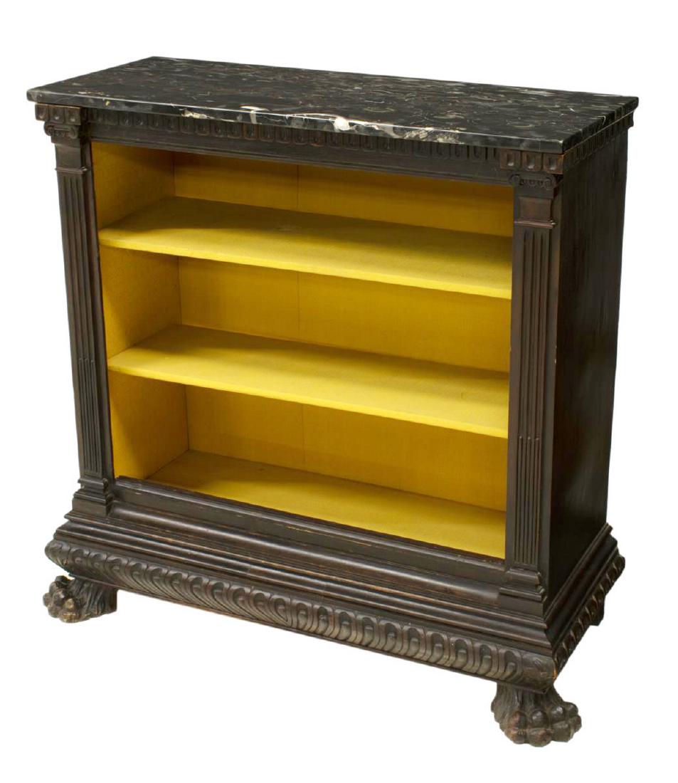 ITALIAN RENAISSANCE REVIVAL MARBLE-TOP BOOKCASE: Italian Renaissance Revival walnut bookcase, late 19th/ early 20th c., having marble top bordered by dentil molding, two interior shelves, flanked by fluted pilasters, running ornamentation to base, r