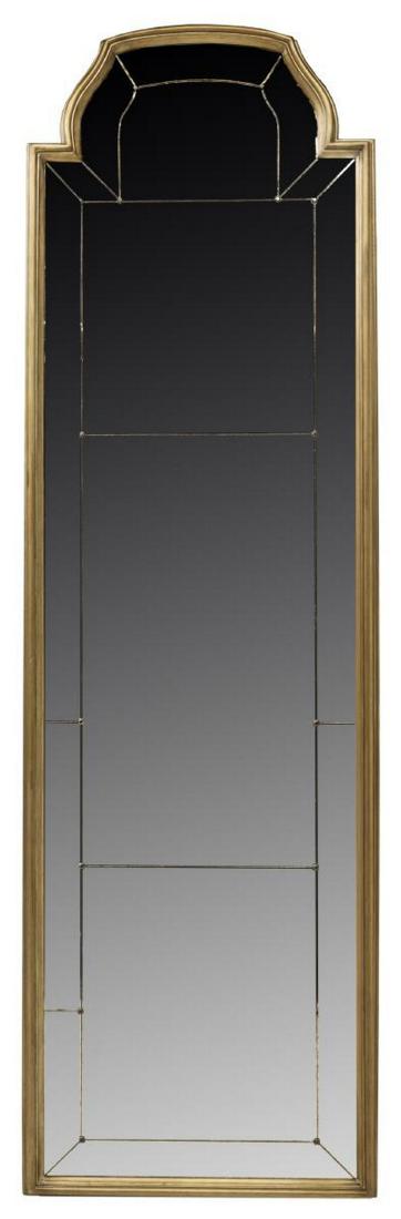 MONUMENTAL ANTIQUED GILT WALL MIRROR, 20TH C.: Monumental gilt wall mirror, 20th c., the shaped top over a sectioned flat mirror plate, intentional silvering, approx 89"h, 26.5"w 60.4 lbs Start Price: $200.00