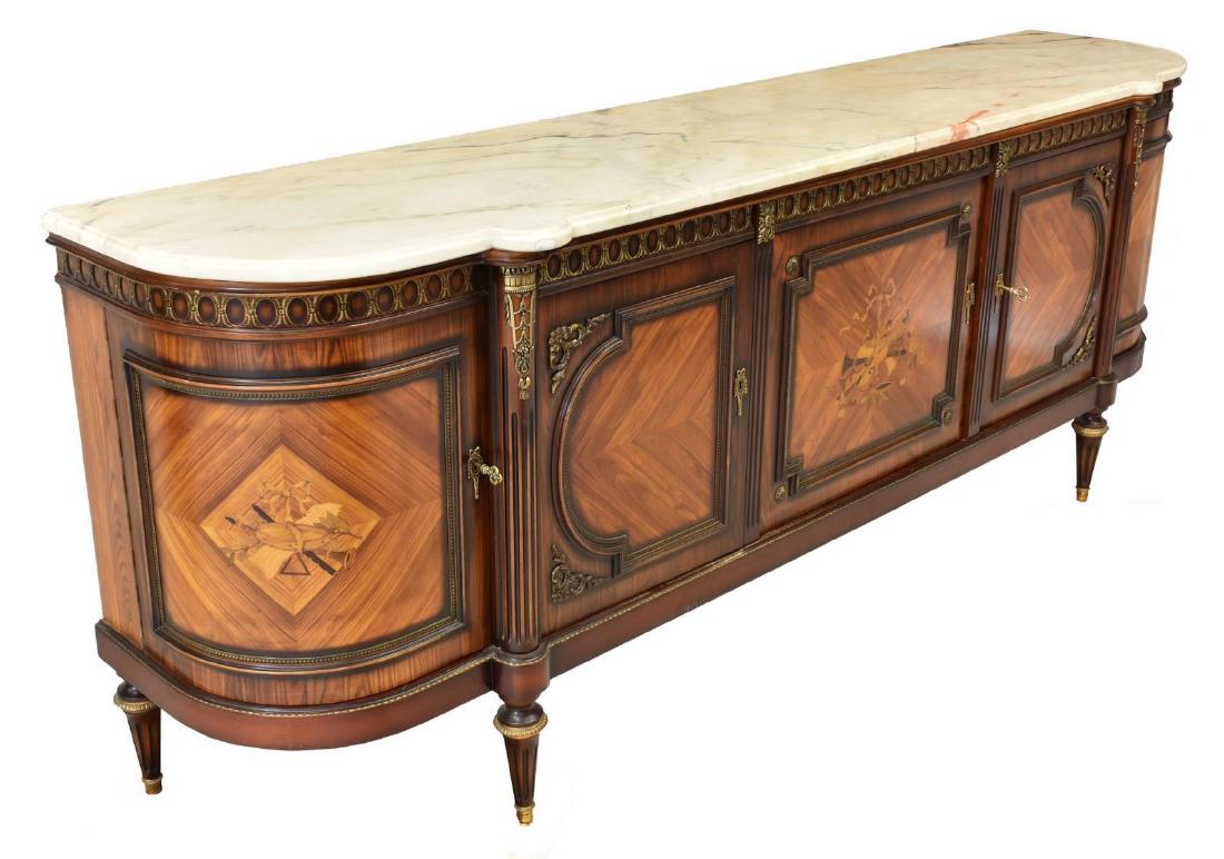 REMARKABLE FRENCH EHALT LOUIS XVI STYLE SIDEBOARD: Remarkable French Louis XVI style mahogany sideboard, J.P. Ehalt, 20thc., having marble top above body accented by elaborate marquetry showcasing musical instruments and parquetry, gilt metal elements