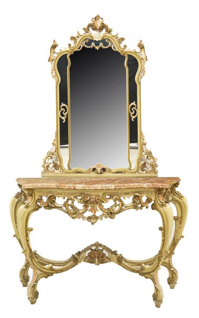 LOUIS XV STYLE MARBLE-TOP CONSOLE TABLE & MIRROR: Italian Louis XV style console table and mirror, 20th c., red marble top, surmounting elaborately pierced floral and foliate carved base, cabriole legs joined by cross stretcher, resting on whorl feet