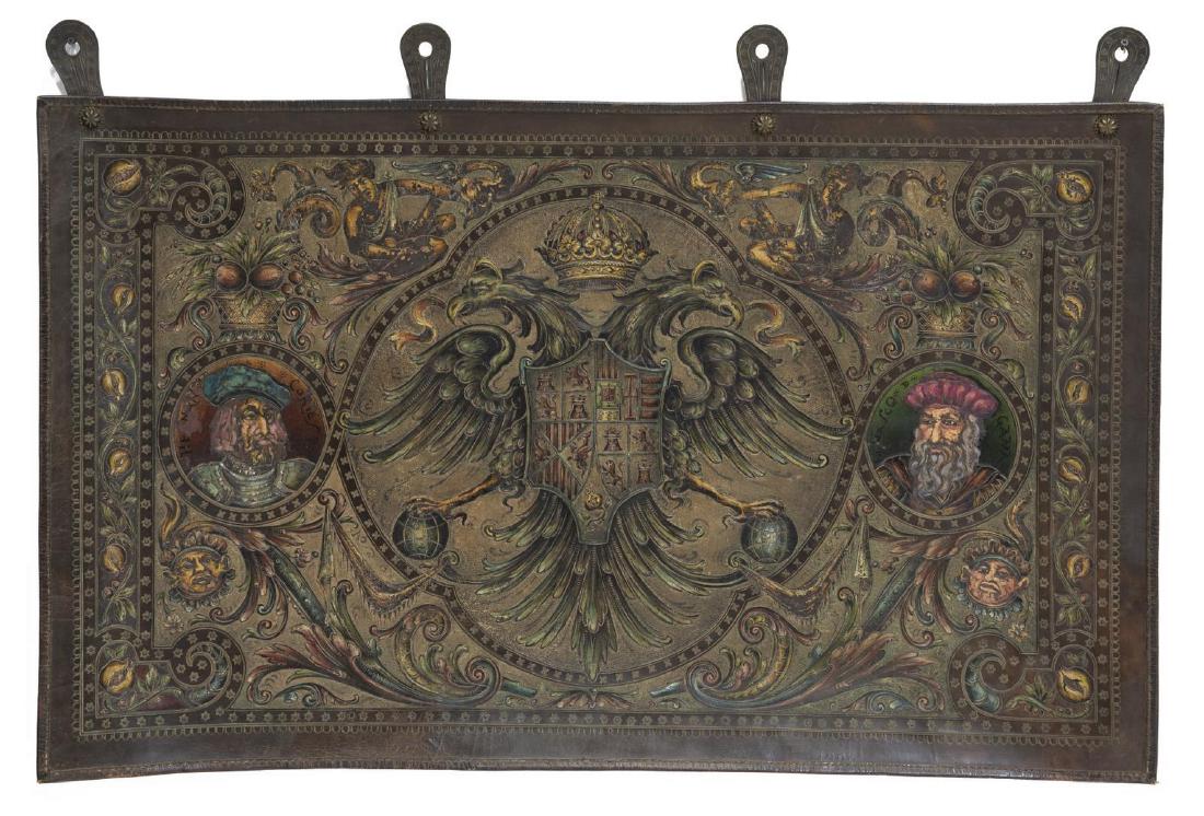 SPANISH STYLE PAINTED LEATHER HANGING TAPESTRY: Spanish style embossed and painted leather hanging tapestry, 20th c., central crowned double-headed eagle with heraldic sheild, flanked by roundels with portraits of the explorers Vasco da Gama and He