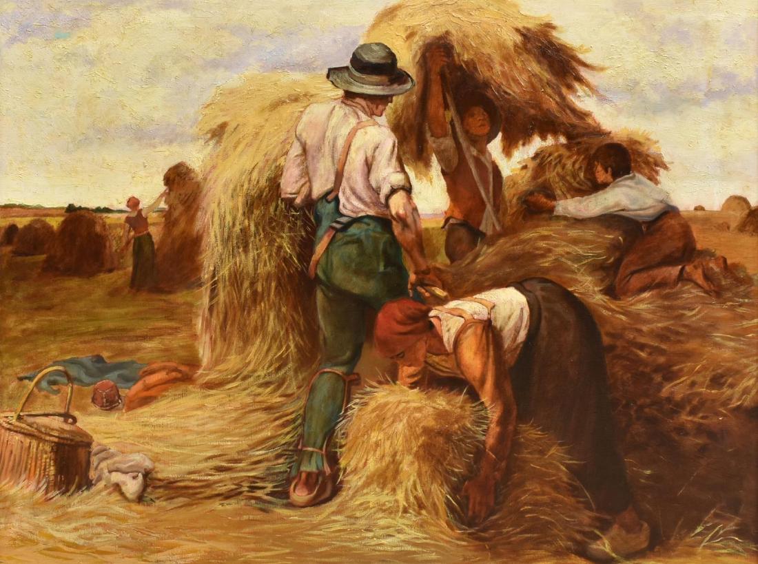 AFTER JUIEN DUPRE, FRENCH PEASANTS & HAY PAINTING: Framed oil on canvas painting, French Peasants Stacking Hay, unsigned, in the style of Julien Dupre (France, 1851-1910), sight: approx 29.5"h, 39.5w, overall: approx 37.5"h, 47"w, 17.75lbs Start Price